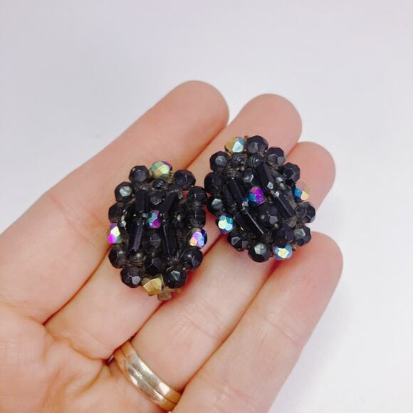 VTG Western German Glass AB Jet Black Cluster Clip On Earrings 1960s Cocktail - Picture 2 of 12